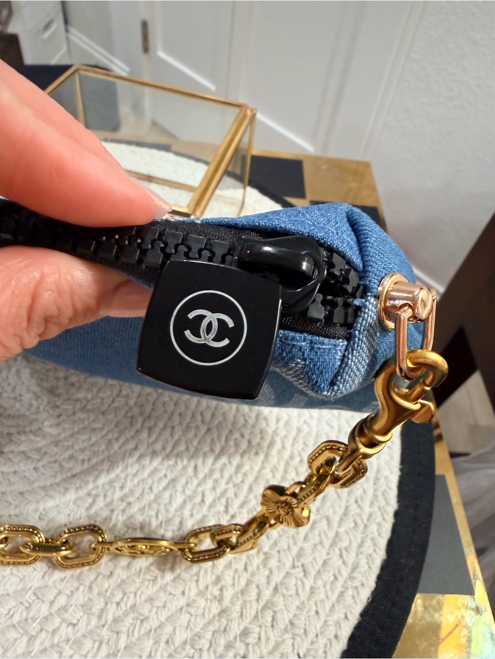 NEW | Blue Denim Logo Cosmetic Pouch with Gold-Tone Chain Strap & Bow Charm - Picture 6 of 9